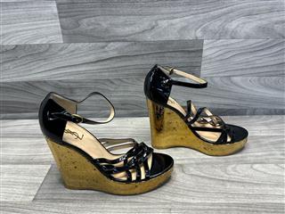 Yves Saint Laurent Black Patent Leather Gold Wedges, Size 42 (US 11)